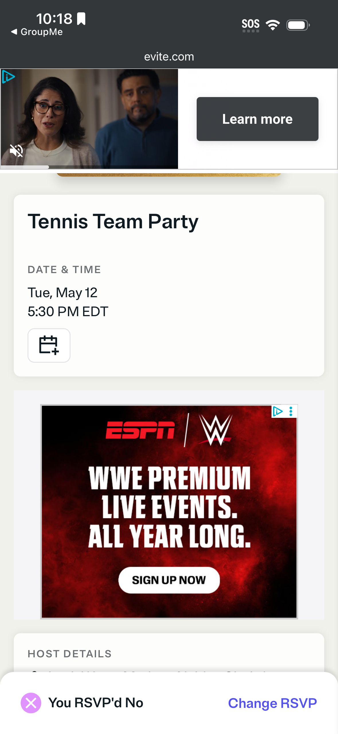 Evite invitation cluttered with video ads and banner ads